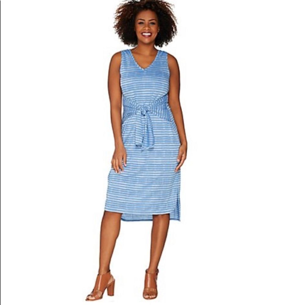 H by Halston Petite Knit Pattern Midi Dress with Waist Tie in blue medium petite - Picture 1 of 8
